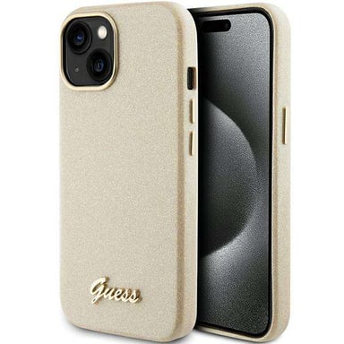 Custodia Guess per iPhone 15 6.1'' oro Custodia rigida Glitter Glossy Script