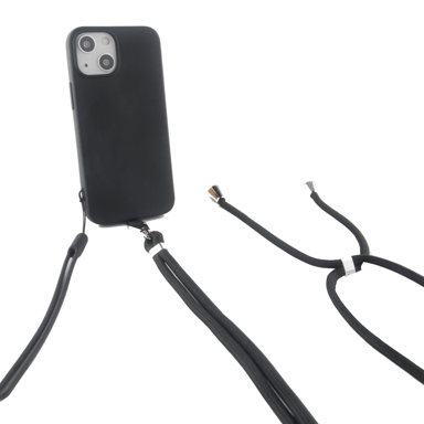 Funda de silicona negra Pop para Apple iPhone 14 Plus - Incluye correa para el cuello y muñequera