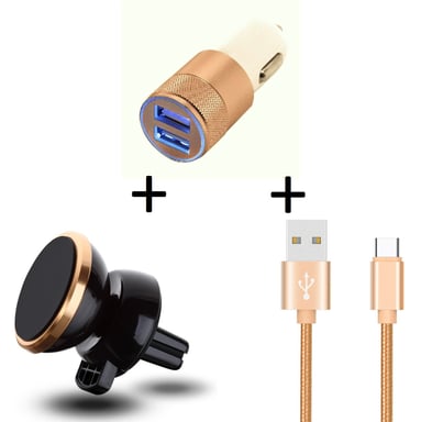 Pack Voiture pour Smartphone (Cable Chargeur Metal Type C + Double Adaptateur Allume Cigare + Support Magnetique)