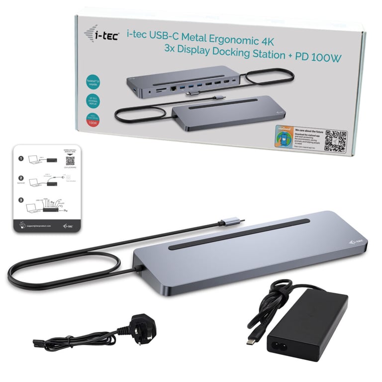 i tec USB C Metal Ergonomic 3x 4K Display Docking Station with Power Delivery + Universal Charger Neuf - vue 3