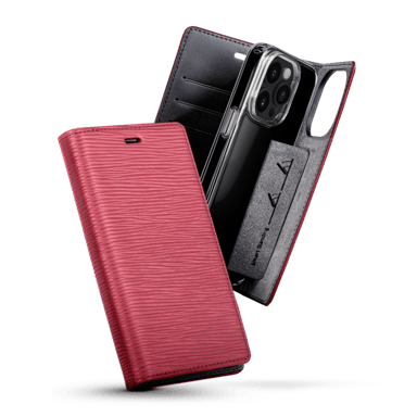 Diarycase 2.0 Funda tipo concha de piel auténtica con soporte magnético para Apple iPhone 14 Pro Max, Rojo Burdeos