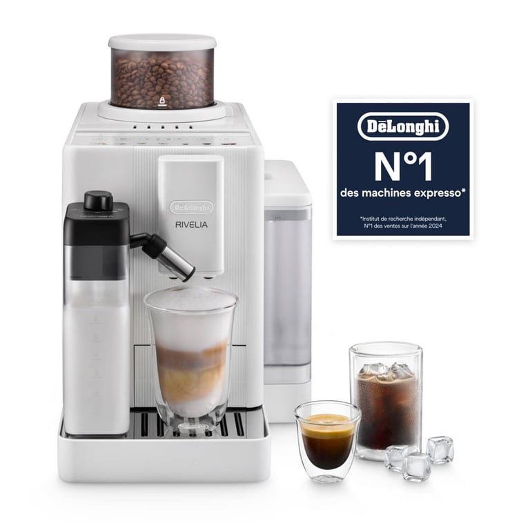 Machine à café automatique DeLonghi Rivelia FEB4255 Blanc, broyeur conique acier, 15 bars, 10 boissons chaudes/froides, Bean Switch, LatteCrema - Neuf