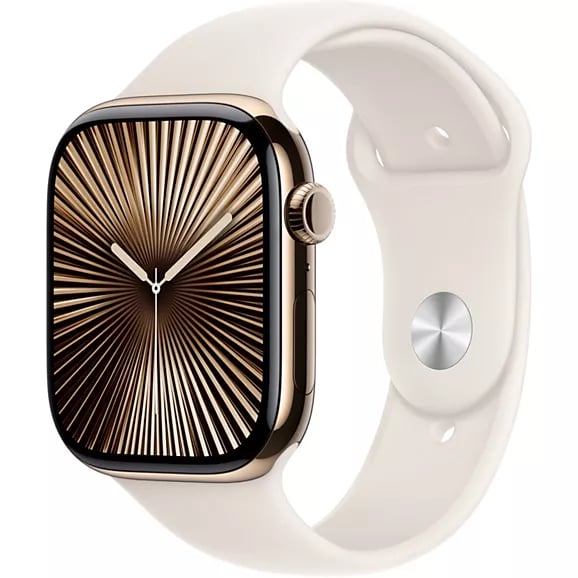 Apple Watch Series 10 2024 (GPS + 4G), Boitier Titane Or de 42mm avec bracelet Caoutchouc Sport M/L, Lumière stallaire - Neuf