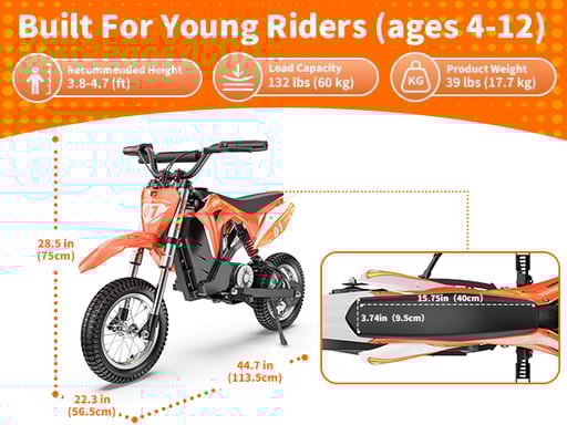 HillMiles MileRocket 1 Moto de cross eléctrica para niños, batería de 36 V y 4 Ah