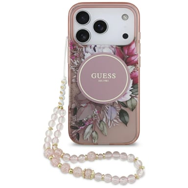 Custodia Guess IML Flowers Pearl Strap MagSafe per iPhone 17 Pro ró?owy