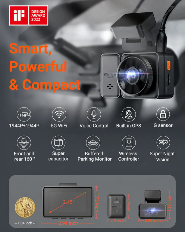 Vantrue E2 Dashcam Double 2K QuadHD avec WiFi GPS Bluetooth SOS et mode parking Neuf - vue 3