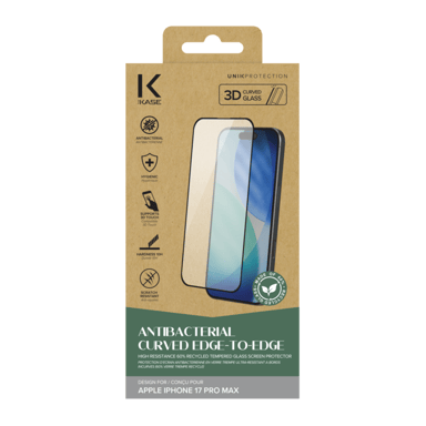 Protection d'écran antibactérienne en verre trempé ultra-résistant à  bords incurvés (60% verre trempé recyclé) pour Apple iPhone 17 Pro Max, Noir