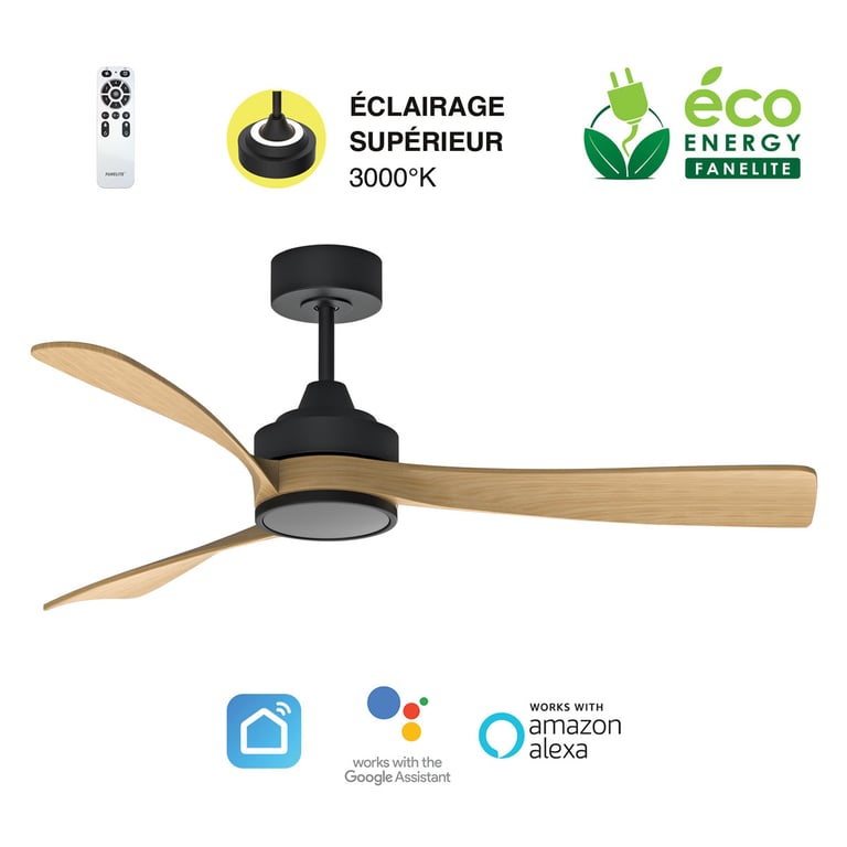 Fanelite Ventilateur de plafond 132 cm et bois MANIHI Moteur DC LED 20W3 couleurs + LED SUPERIEURE Neuf