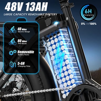 VITILAN U3 Bicicletta elettrica per adulti 20 pollici Fat Tire Ebikes Bicicletta elettrica pieghevole 750W, 48V 13Ah Step Thru E-Bike 7 velocità - Nero