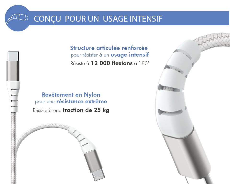 Câble Renforcé USB A / Lightning 2. 2m FastCharge + Garantie à vie Force Power Lite Neuf - vue 2