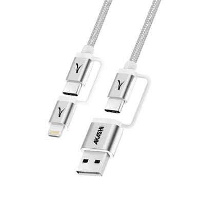 Akashi Cable 4 en 1 USB-C + Lightning Compatible Apple CarPlay Android Auto Gris