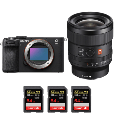 Cámara híbrida Sony A7C II Noir + FE 24mm f/1.4 GM + 3 SanDisk 64GB Extreme PRO UHS-II + Ebook ''20 consejos para fotos que impactan''