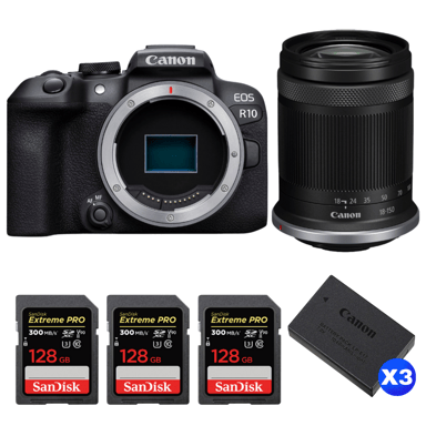 Fotocamera mirrorless Canon EOS R10 + RF-S 18-150mm F4.5-6.3 IS STM + 3 SanDisk 128GB Extreme PRO UHS-II + 3 Canon LP-E17 + Ebook ''20 consigli per foto che colpiscono''