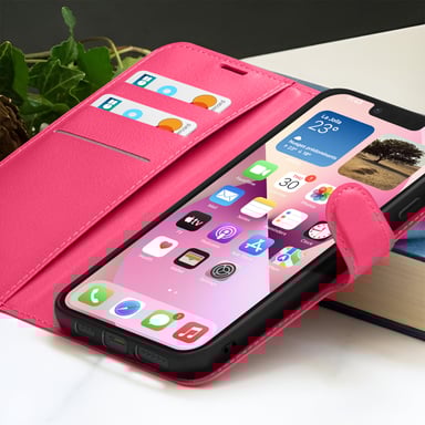 Zanaé Funda tipo cartera para iPhone 13 con soporte y lengüeta magnética Fucsia