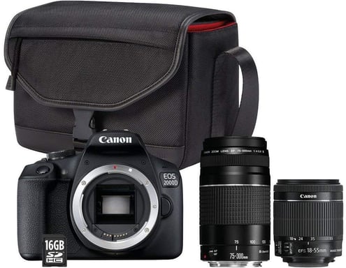 Appareil Photo Reflex Canon EOS 2000D avec Objectif EF-S 18-55 mm et EF 75-300 mm, Sac et Carte mémoire SD 16 Go