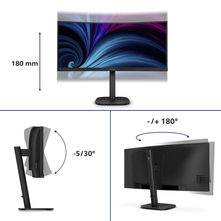 Philips 34B2U3600C Moniteur incurvé WQHD 34 Pouces réglable en Hauteur Haut parleurs 3440x1440 120 Hz 1x HDMI 2.0 1x DP 1.2 1x USB C PD hub USB RJ45 - vue 3