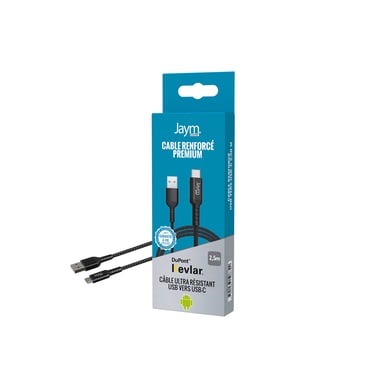 Jaym - Cable Premium 2,50 m - USB-A vers USB-C - Garanti à Vie - Ultra renforcé - Longueur 2,5 mètres - Pour Android et appareils USB-C