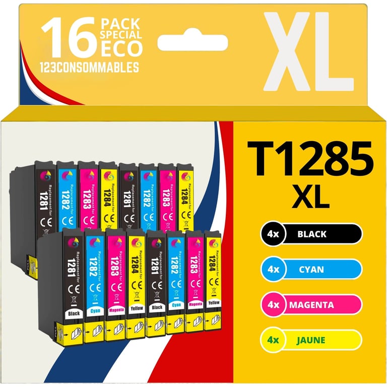 123CONSOMMABLES T1285 Pack de 16 Cartouches d'encre Compatible avec EPSON T1285 Renard T1281 T1282 T1283 T1284 pour EPSON Stylus T22 Office BX305F BX305FW SX125 SX130 SX230 Neuf
