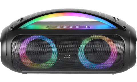 Mars Gaming MS-PULSE, Altavoz Bluetooth Portátil 50W RMS, Iluminación RGB, 2 Drivers Activos 93mm + 2 Drivers Pasivos Ultra-Bass, Función Manos Libres, USB / MicroSD / AUX / FM, Asa y Correa, Negro