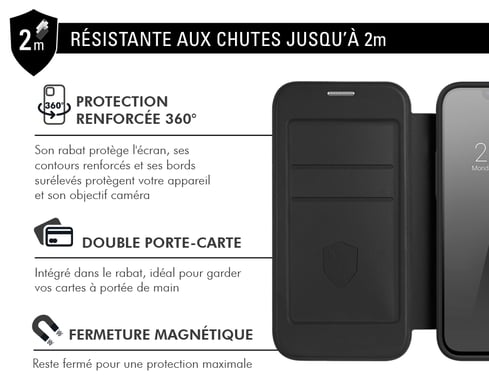 Folio renforcé MagSafe iPhone 15 2m Noir + Garantie à vie Force Case