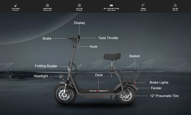Trottinette électrique NANROBOT M5 500W 48V7,8Ah 12'' Coloris Noir