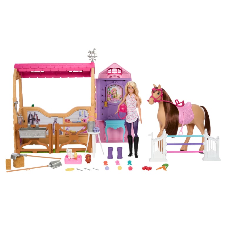 Barbie Les MYSTÈRES DE À la Poursuite du Cheval Perdu Coffret Écurie Ultime avec poupée Cheval et Accessoires Plus de 25 éléments avec 6 Zones de Jeu À la Poursuite du Cheval Perdu JDN43