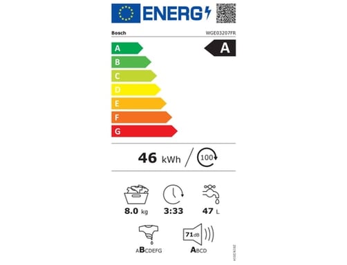 Lave-linge hublot BOSCH WGE03207FR SER2 - 8 kg - Induction - L60cm - 1200 trs/min - Classe A - Blanc
