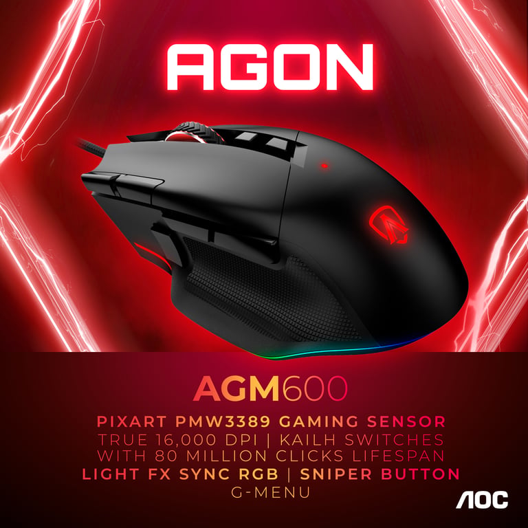 Souris AOC AGM600 – Filaire, 16000 DPI, 10 Boutons, RGB, G-Menu