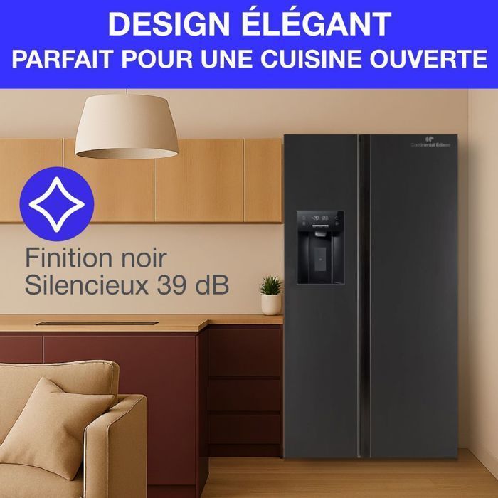 Réfrigérateur américain - CERANF556B1 - Distributeur eau / glaçons - Classe E - 91,1 x 70,6 x 178 cm - Noir - Neuf