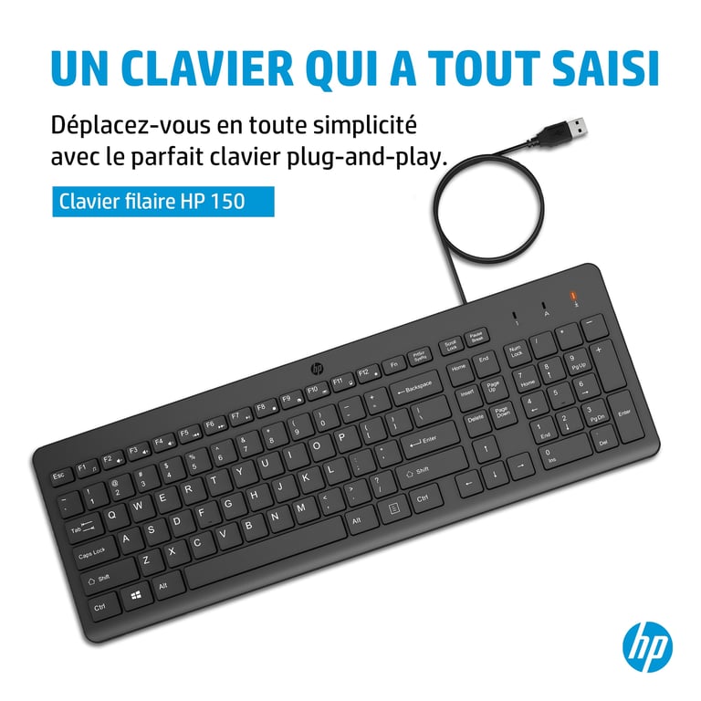 Clavier Filaire HP 150 Wired Keyboard 664R5AA – AZERTY, USB - vue 9