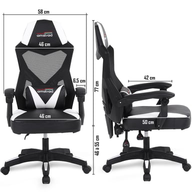 Amstrad AMS-309-WH Fauteuil / Chaise / Siège de bureau ou Gamer noir & blanc - Coussin lombaire - Tissu en maille respirante