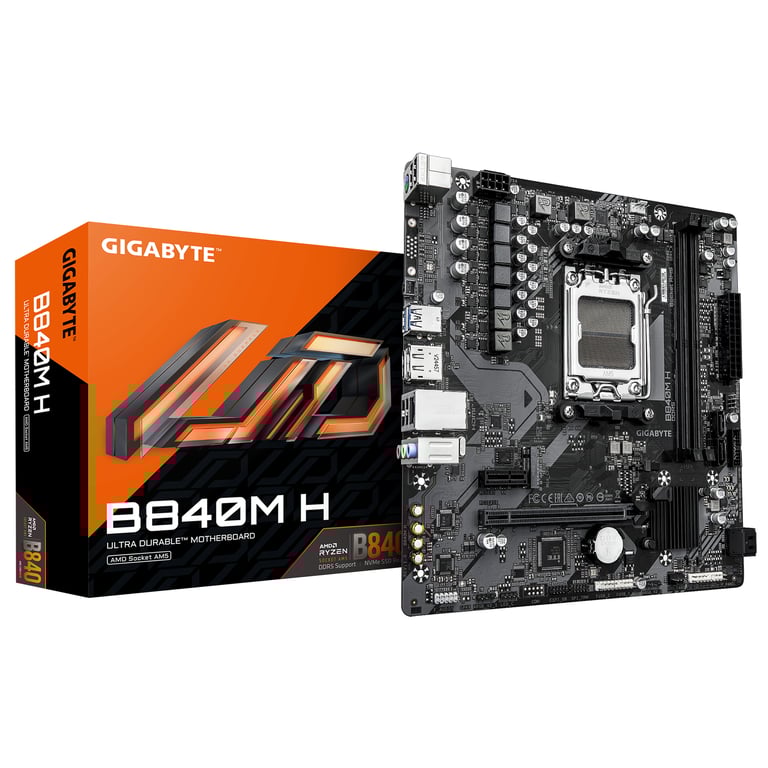 GIGABYTE B840M H Carte Mère Processeurs AMD Ryzen 9000 VRM 5+2+2 phases jusqu’à 7200MHz DDR5 O.C 1xPCIe 4.0 .2 LAN 1GbE