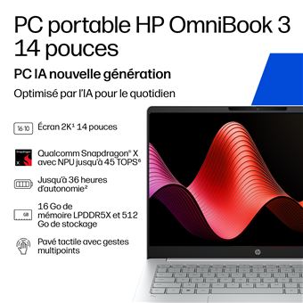 PC portable HP OmniBook 3 Next Gen AI 14 hz0021nf 14” Snapdragon® X RAM SSD - vue 5