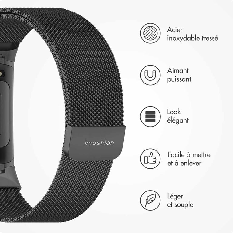 imoshion Bracelet magnétique milanais pour Fitbit Charge 5 - Taille M - Noir - Neuf