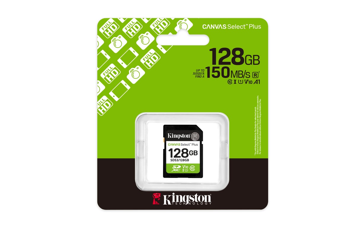 Kingston Technology 128 Go SDXC Canvas Select Plus Gen3 150 Mo/s C10 UHS-I U1 V10 - Neuf