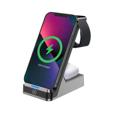 Celly WLSTAND3IN1BK cargador de dispositivos móviles Cámara Digital, Mandos de juego, Auriculares, Teléfono móvil, Cargador eléctrico, Smartphone, Smartwatch, Tableta, Reloj, Portátiles Gris Cargador de red Inalámbrico