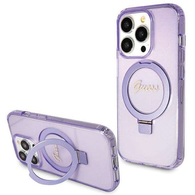 Custodia Guess per iPhone 15 Pro 6.1'' viola Custodia rigida Anello Stand Script Glitter MagSafe