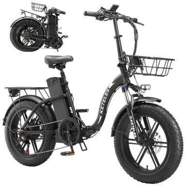 Le vélo électrique pliable KETELES KF9 est équipé d'un moteur de 1000 W, d'une batterie de 48 V 35 Ah, d'une vitesse maximale de 40 km/h, d'une autonomie de 120 km, de pneus de 20 x 4 pouces et est disponible en noir.