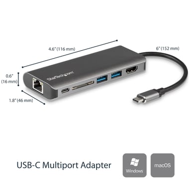 Adattatore multiporta USB C StarTech.com, dock portatile USB-C per HDMI 4K, hub USB 3.0 a 2 punti, SD/SDHC, GbE, 60W PD Pass-Through - USB Tipo-C/Thunderbolt 3 - SOSTITUITO DA DKT30CHSDPD1