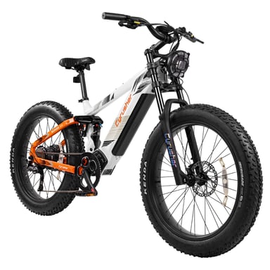 Bicicleta de montaña eléctrica CYRUSHER Ranger 2.0, batería LG de 52 V y 20 Ah, suspensión completa, Shimano de 9 velocidades - Blanca