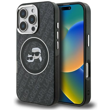 Cover Karl Lagerfeld IML Glitter con logo « Karl & Choupette Heads » e MagSafe per iPhone 16 Pro Max, nera
