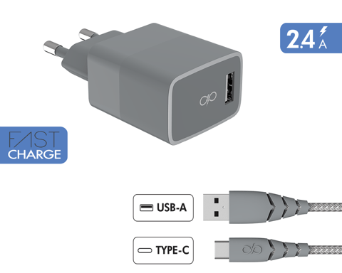 Kit Chargeur USB A 3A + Câble Ultra-Renforcé USB A / USB C 1.2m Gris + Garantie à vie Force Power