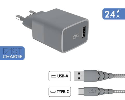 Chargeur maison 3A IC Smart Garanti à vie + Câble USB A/USB C Gris - 100% Plastique recyclé Force Power