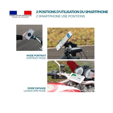 Soporte de bicicleta para smartphone, soporte universal para teléfono fabricado en Francia, rotación de 360°, fijación mecánica segura, negro