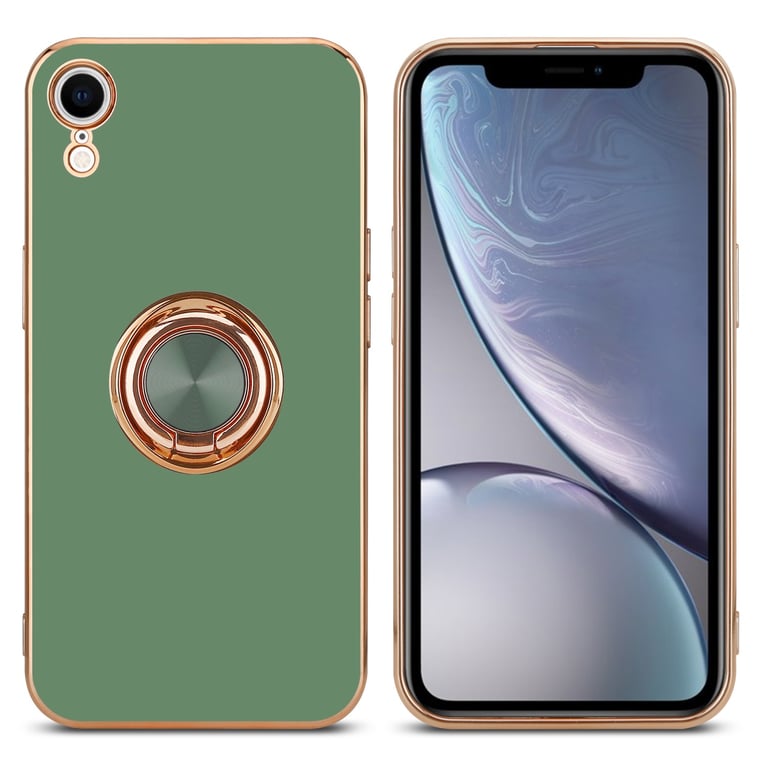 Coque pour Apple iPhone XR en Glossy Vert Clair - Or avec anneau Housse de protection Étui en silicone TPU flexible, avec protection pour appareil photo et support voiture magnétique