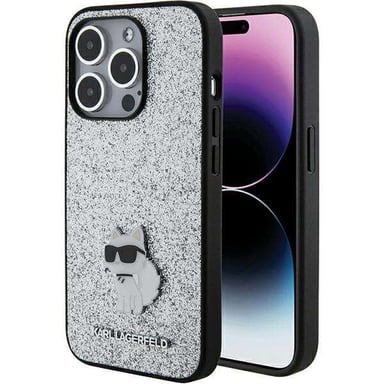 Custodia Karl Lagerfeld per iPhone 15 Pro Max 6,7'' argento Custodia rigida fissa Glitter Logo Choupette Pin in metallo