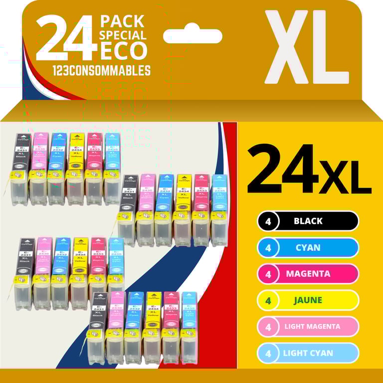 123CONSOMMABLES - 24XL - Cartouches d'encre Compatible pour Epson Expression Home XP-850 XP-750 XP-9 - Neuf