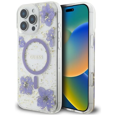 Étui Guess Resin Flowers MagSafe pour iPhone 16 Pro Max violet