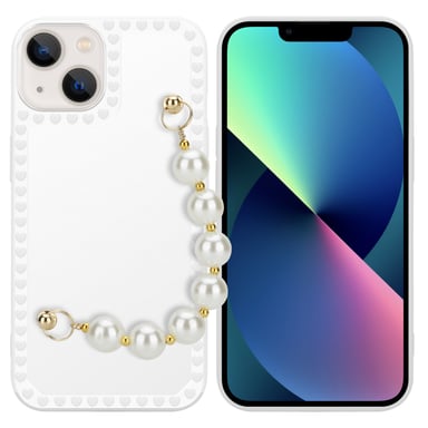 Coque pour Apple iPhone 13 MINI en Blanc avec perles Housse de protection Étui en silicone TPU flexible et avec tour de cou chaîne de poignet