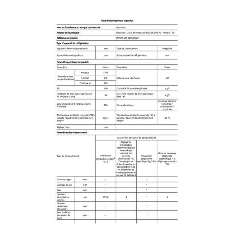 Réfrigérateur Congélateur Encastrable Electrolux ENT6NE18S – 257 L, No Frost, 35 dB - vue 3